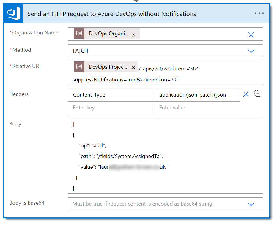 A send HTTO request to DevOps action with the suppressNotifications parameter added.