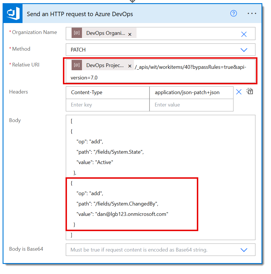 Send an HTTP request to Azure DevOps action with the bypassRules flag added to the URI and in the Body JSON an extra section to update the ChangedBy field. See Code below.