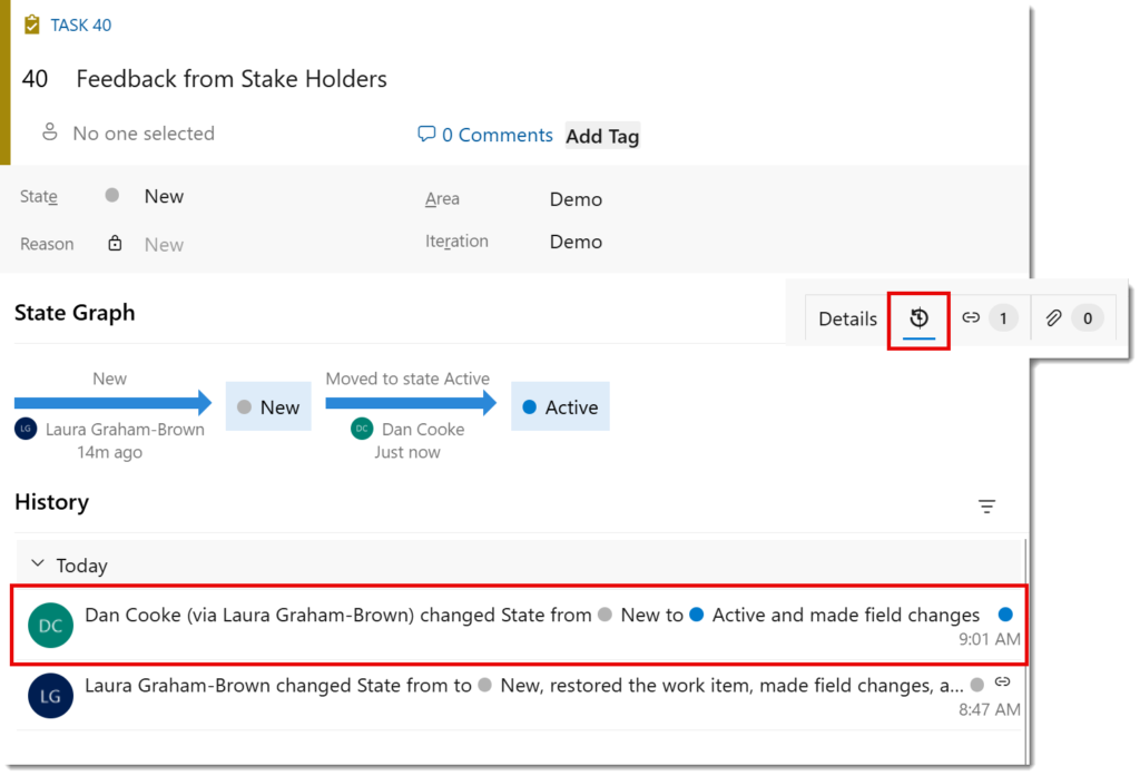 Work item history showing the line Dan Cooke (via Laura Graham-Brown) changed State from New to Active