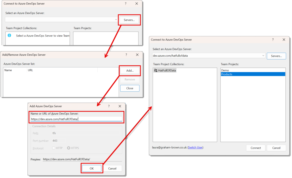 Screen shots of the dialogs to add a server and finally the Connect window showing the Team Projects on the server.