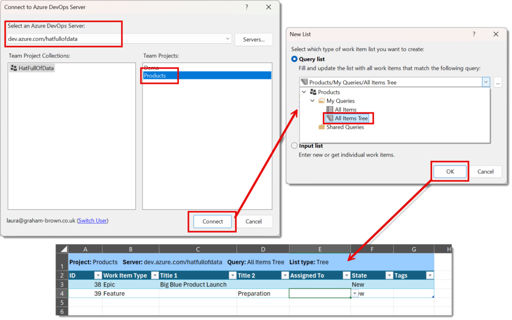 The two dialogs described in the text and the table of DevOps items in Excel