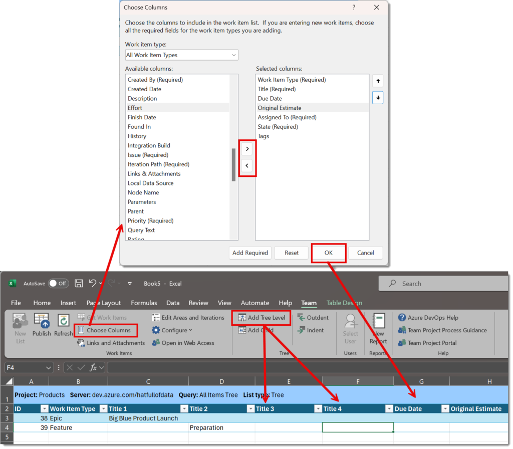 Team ribbon with Choose Columns and Add Tree Level highlighted and the Choose columns dialog.