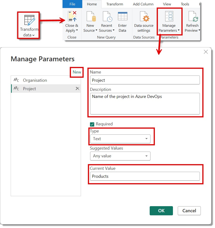 Screen shots of the Transform data button, the Manage Parameters button and then the dialog showing the list of Parameters and the form to fill in