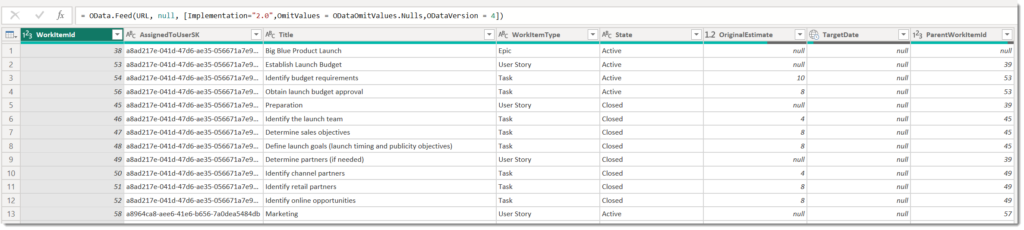 Table of data just showing the 8 columns selected.