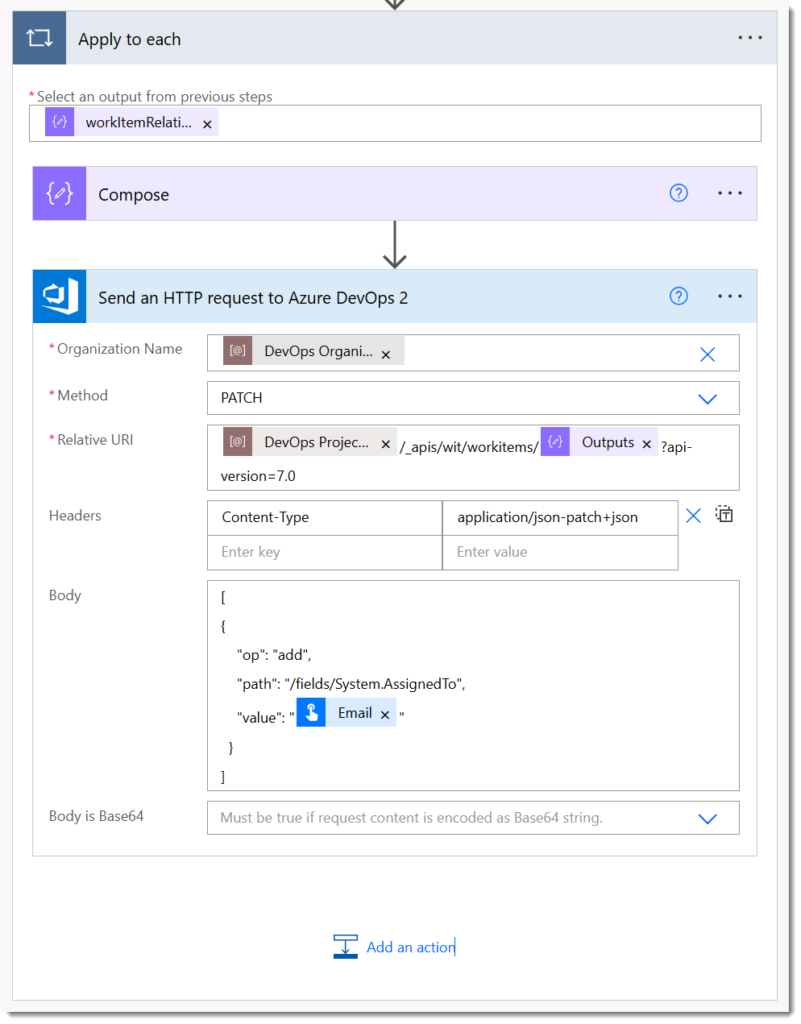 Added a send HTTP request to Azure DevOps to assign the task id from the compose step to the email 