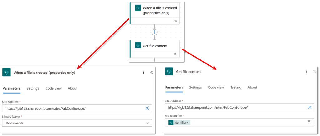 The trigger showing When a file is created and an action of Get file content