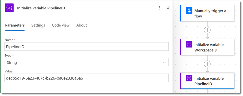 Flow with a trigger of Manually trigger a flow and 2 Initialize variables for WorkspaceID and PipelineID, with the former selected and showing parameters.