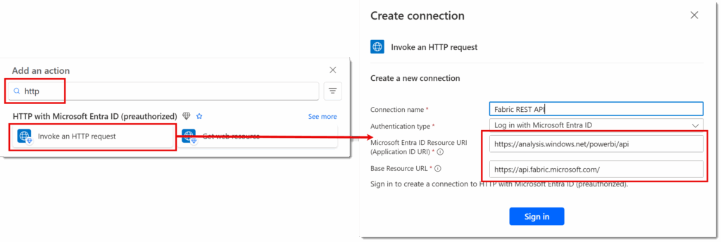 Adding the connection details for the HTTP action