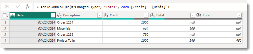 Table of data with Date, Description, Credit and Debit columns with an extra calculated column Total and the code is below and for the first three rows shows nulls.