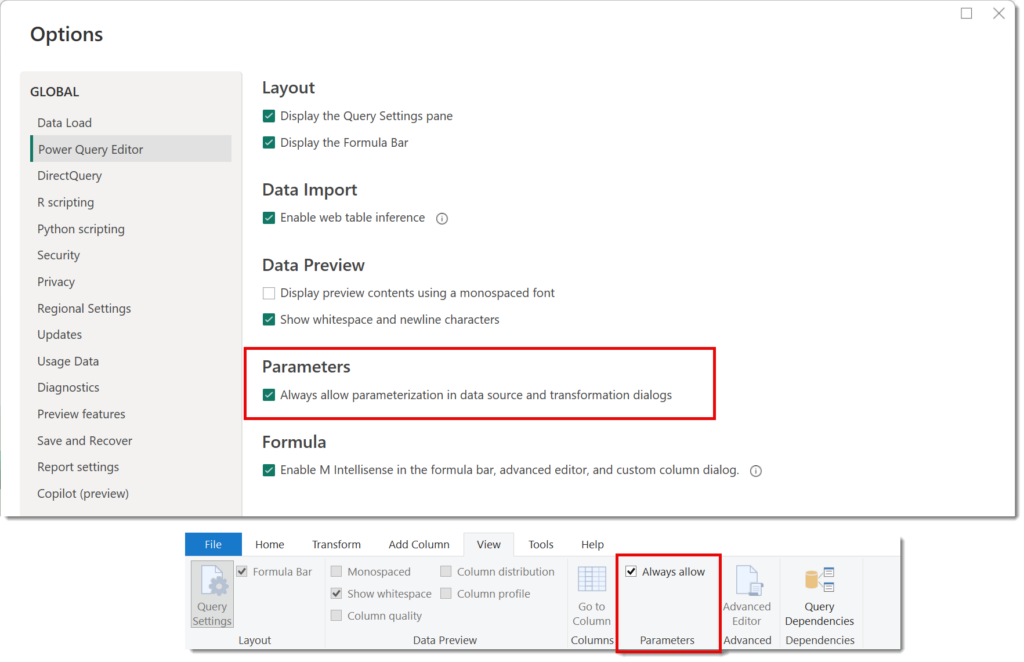 Power BI options dialog with Power Query Editor selected and Parameters highlighted. And the View ribbon in Power Query with the Parameters group highlighted