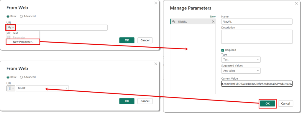 Showing how to create a new parameter by clicking the drop down