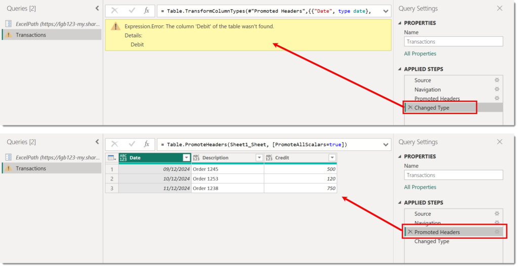 2 screen shots of a query, first one with the last applied step selected and an missing columns error showing, second one with the previous step selected and no error showing