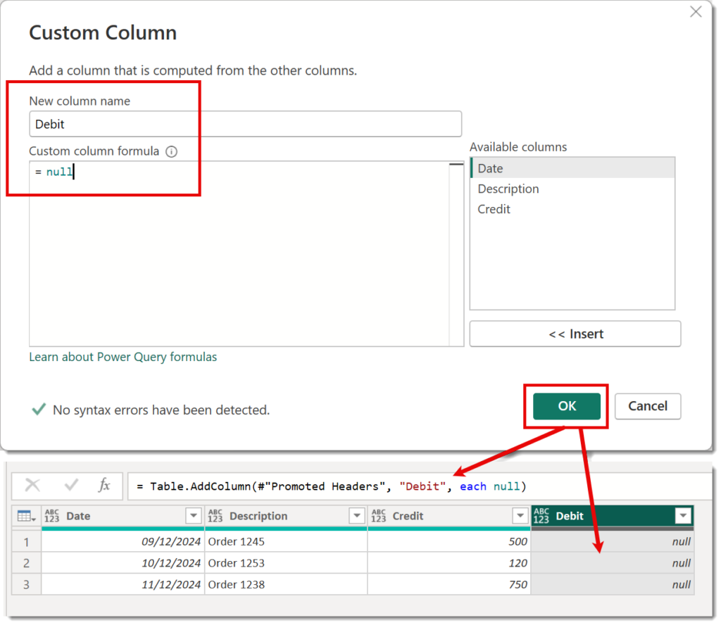 Custom column dialog box showing the Debit column with a null value and the result table with the Debit column added.