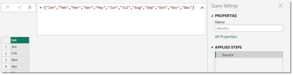 Screen shot from Power Query showing the query with formula shown as the Source step.