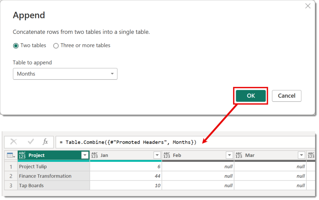 Append dialog showing appending the Months table and the final table with the missing columns added