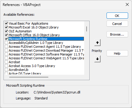 Adding Microsoft Scripting Runtime library so you can use dictionaries