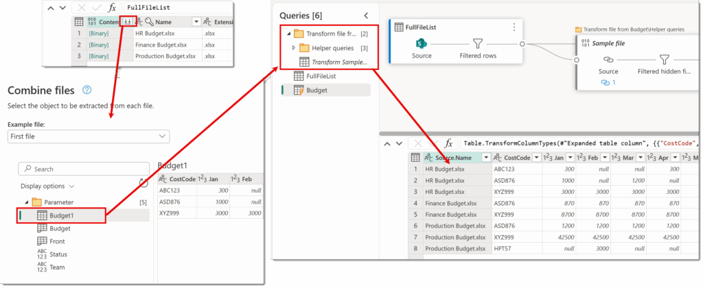 Showing the button in the Content for combining, the combine dialog and the resulted combined data