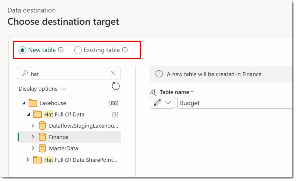 Choosing a destination target to either a New or Existing table
