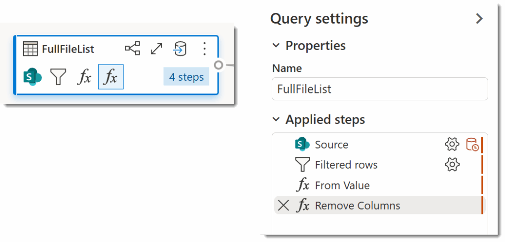 Query steps from the FullFileList Query showing the steps the made it broke