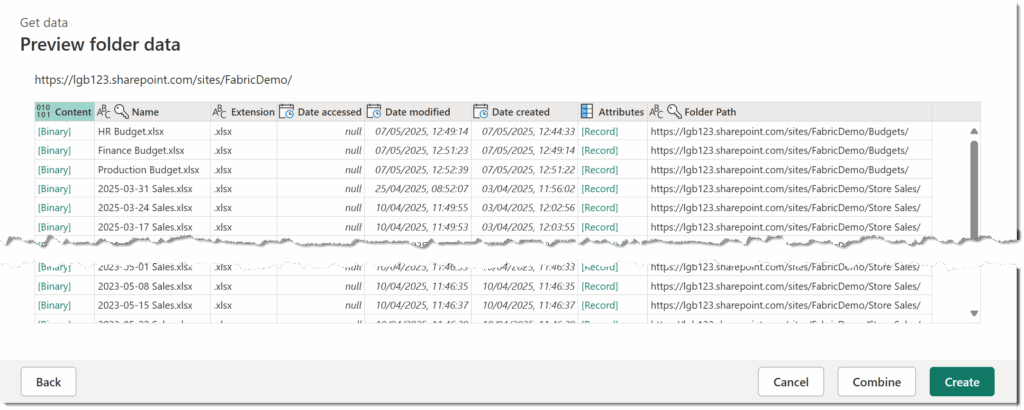 Preview folder data dialog showing files from multiple folders