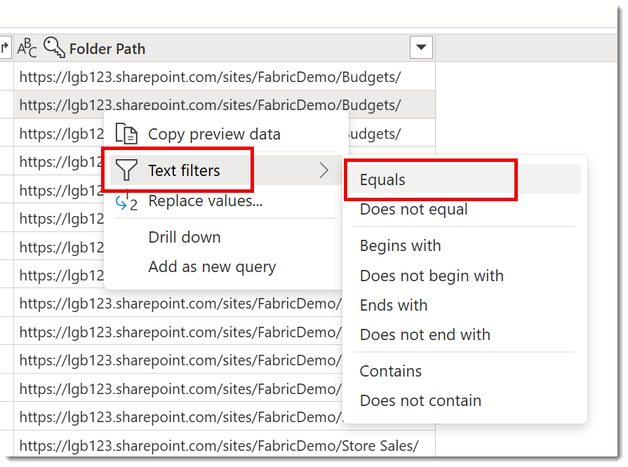 Adding a text filter to the Folder Path column.
