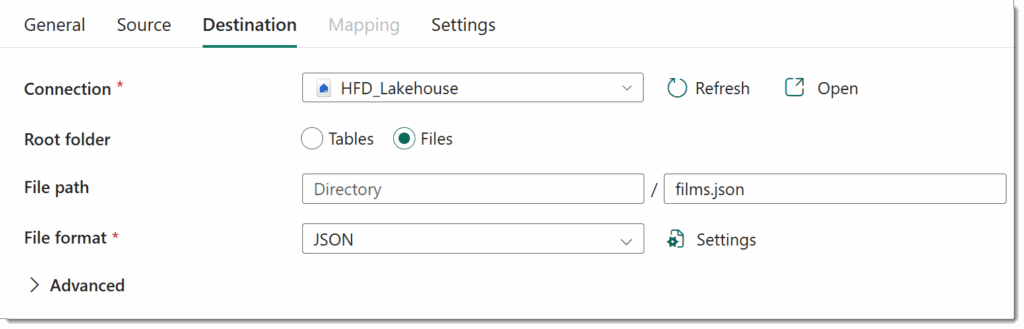 Filling in the destination details of the copy data activity