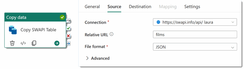 Filling in the source details of the copy data activity