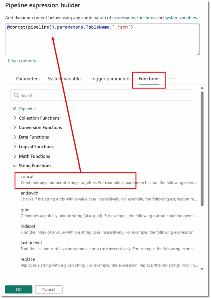 Selecting a function from the Functions list in the expression builder